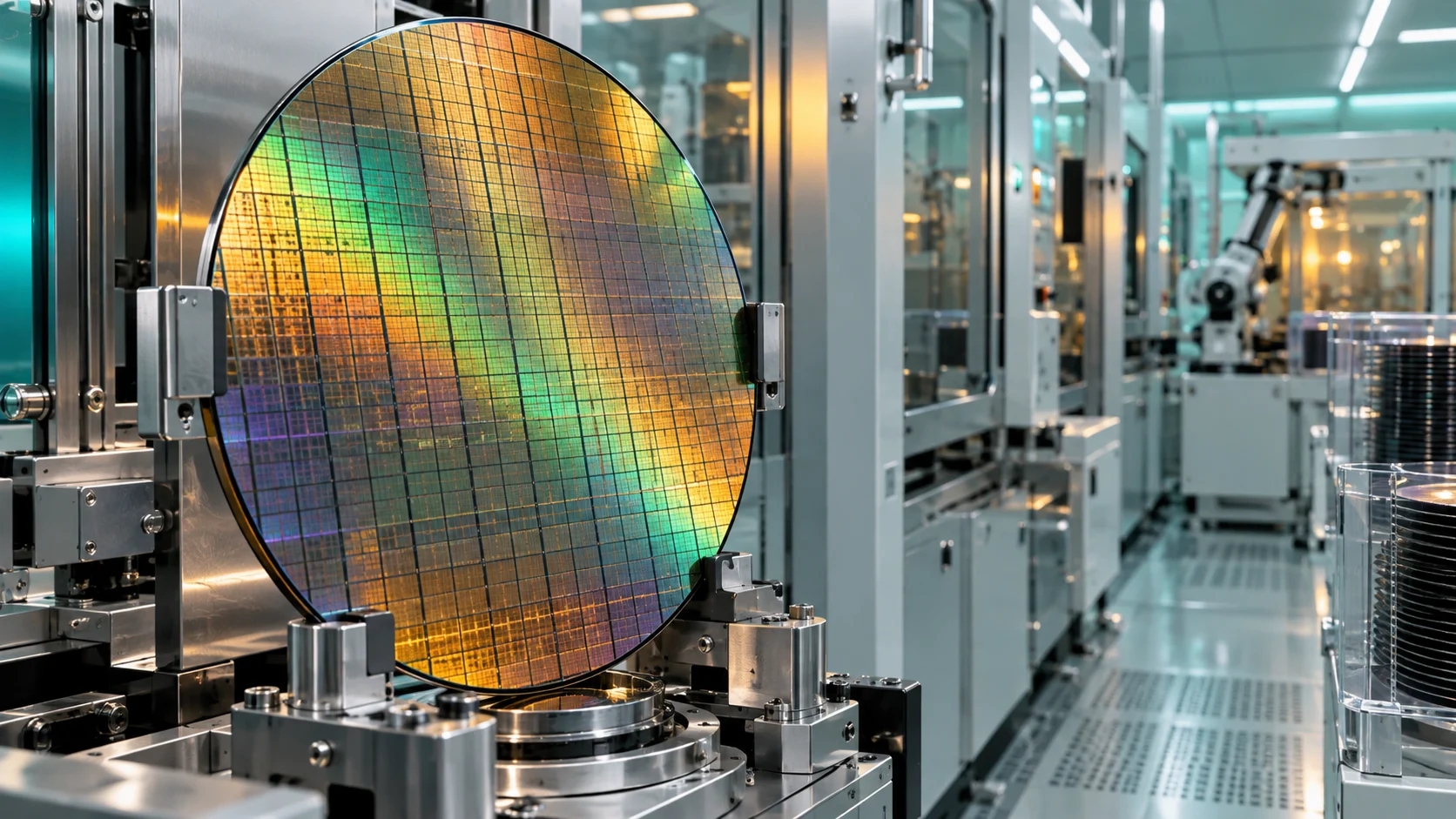 Wafer di silicio in un supporto robotico davanti ai macchinari di una camera bianca, illustrazione del processo produttivo dei semiconduttori.