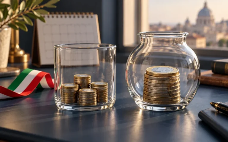 Due contenitori di vetro con monete distribuite in piccoli gruppi e in un’unica pila, accanto a un calendario e a un nastro tricolore.