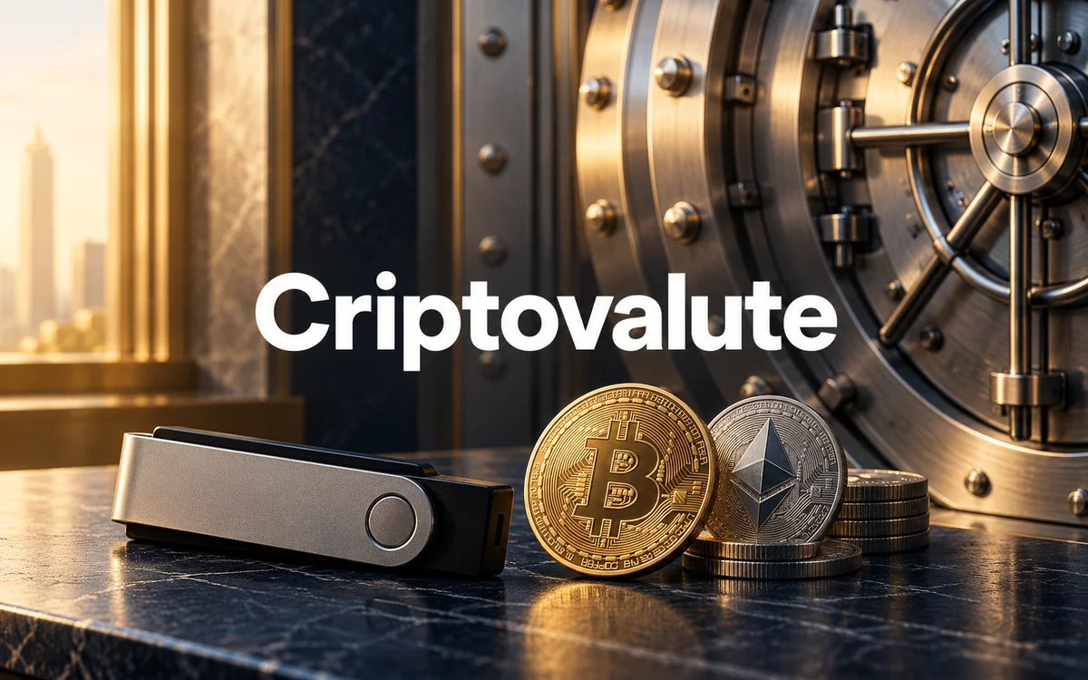 Scritta Criptovalute sopra un dispositivo di custodia, monete simboliche e una porta di sicurezza