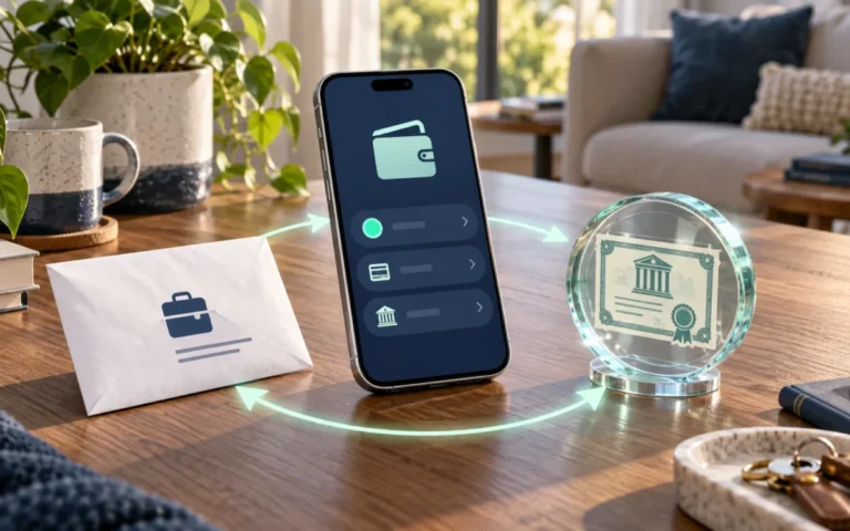 Illustrazione generata con IA: smartphone, busta dello stipendio e quota digitale collegati da un percorso circolare.