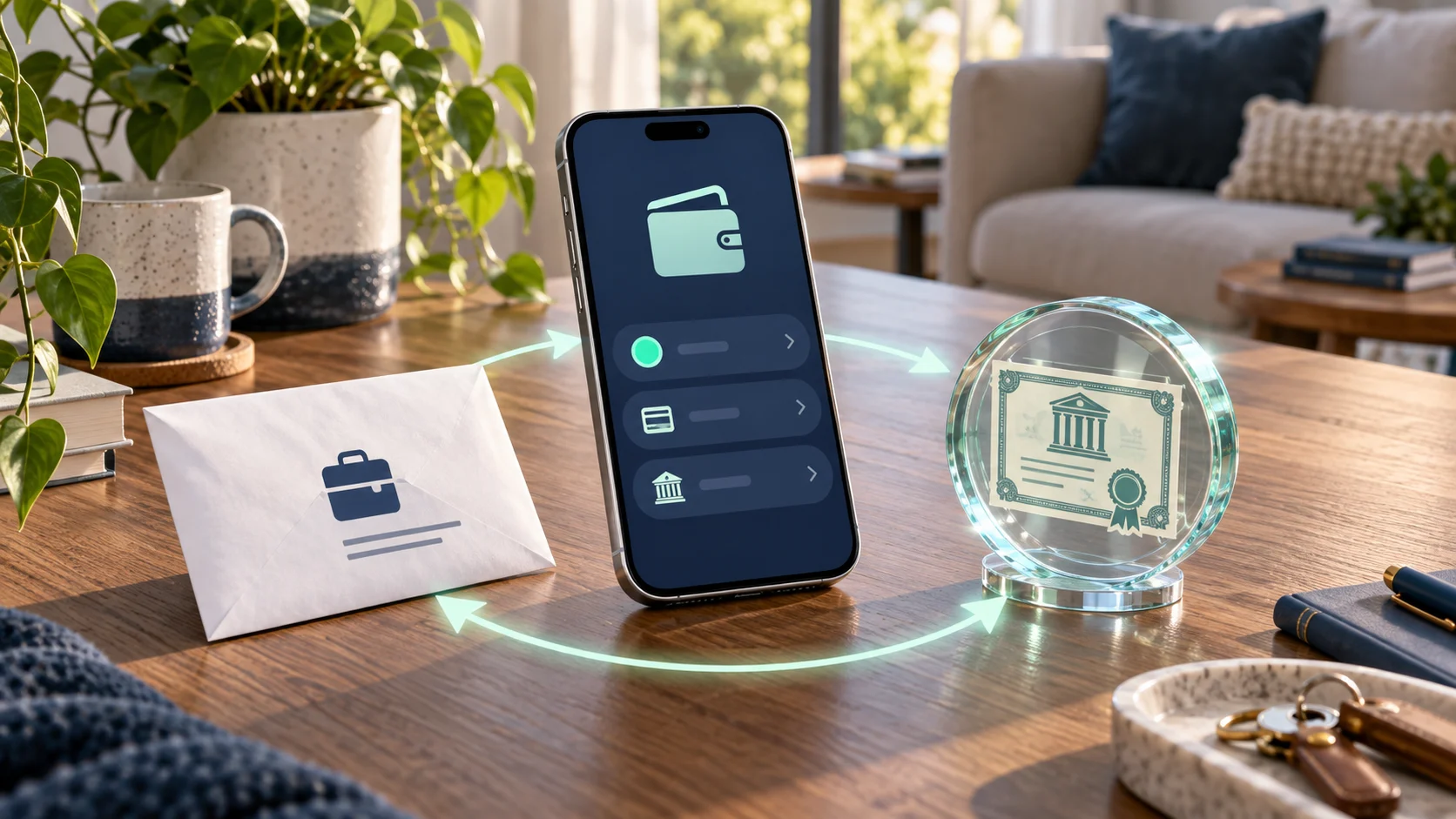 Illustrazione generata con IA: smartphone, busta dello stipendio e quota digitale collegati da un percorso circolare.