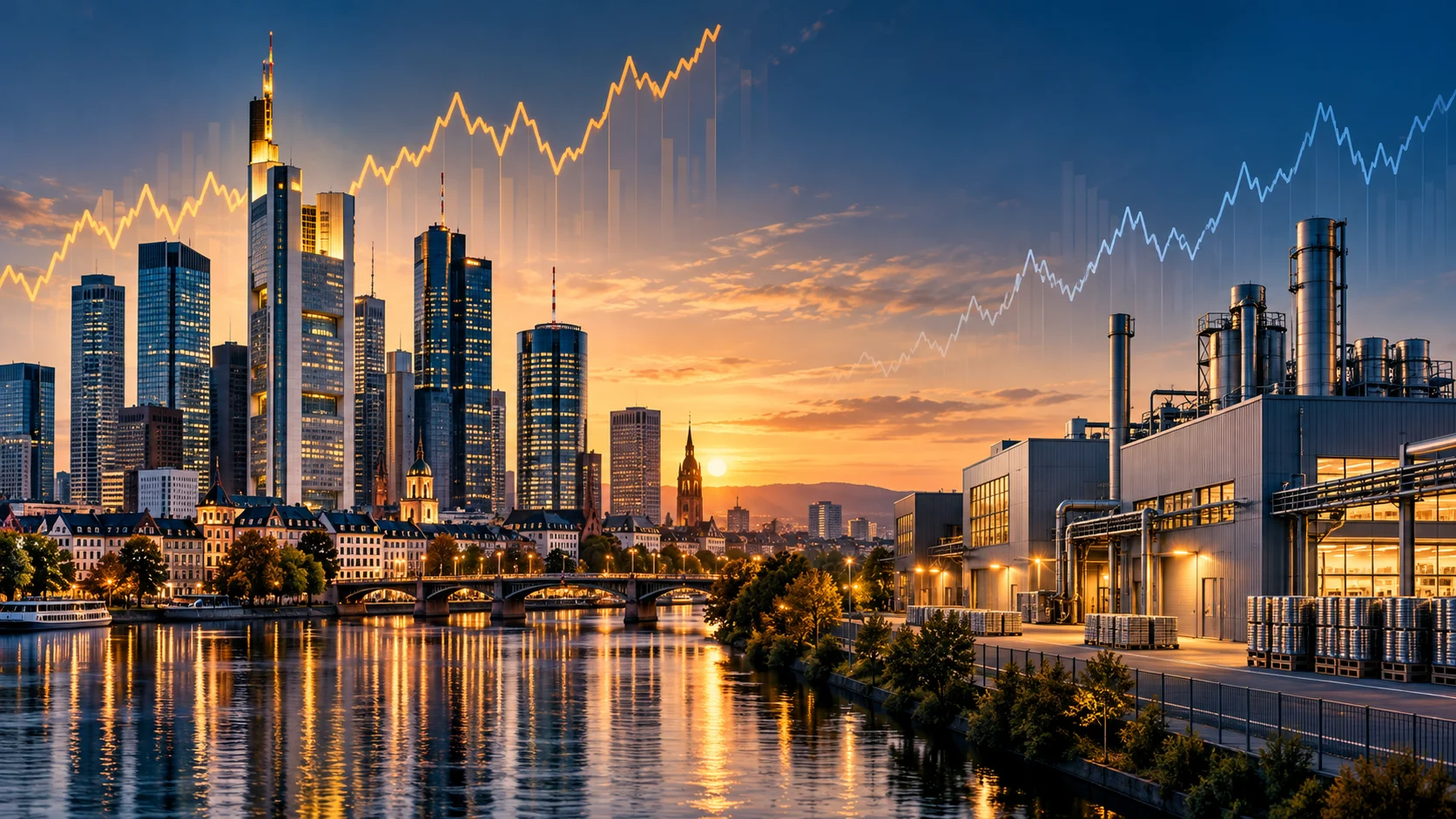 Illustrazione della skyline finanziaria di Francoforte e di uno stabilimento industriale, per il confronto tra DAX e MDAX.