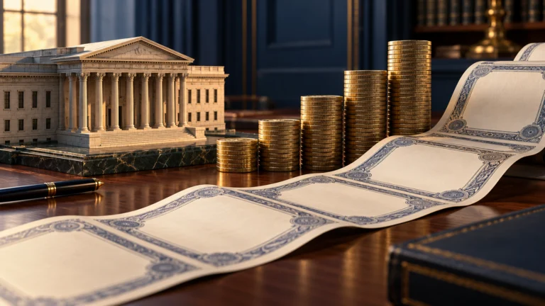 Edificio istituzionale in miniatura, pile di monete e certificati obbligazionari simbolici