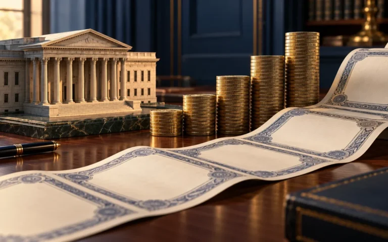 Edificio istituzionale in miniatura, pile di monete e certificati obbligazionari simbolici