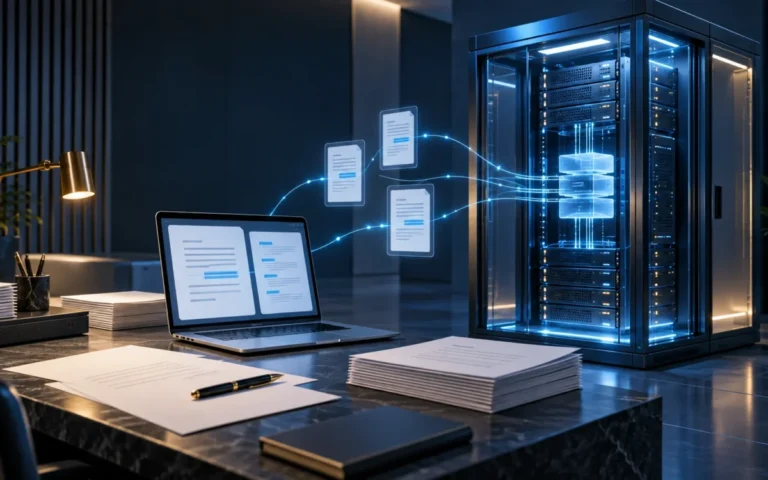 Illustrazione di documenti finanziari collegati a un server protetto per rappresentare l’AI interna di Deutsche Bank.