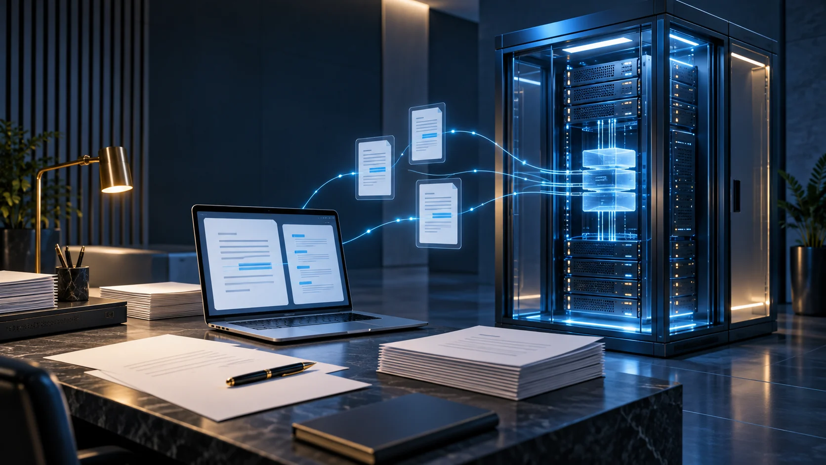 Illustrazione di documenti finanziari collegati a un server protetto per rappresentare l’AI interna di Deutsche Bank.