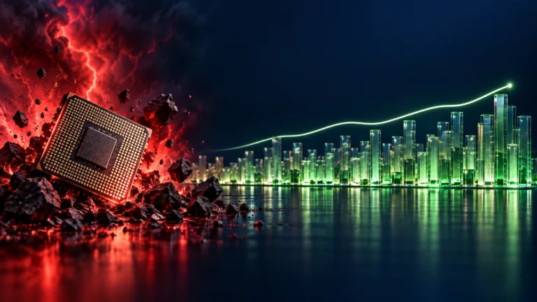 Illustrazione di un microchip illuminato in rosso accanto a torri verdi che rappresentano il mercato azionario più ampio.