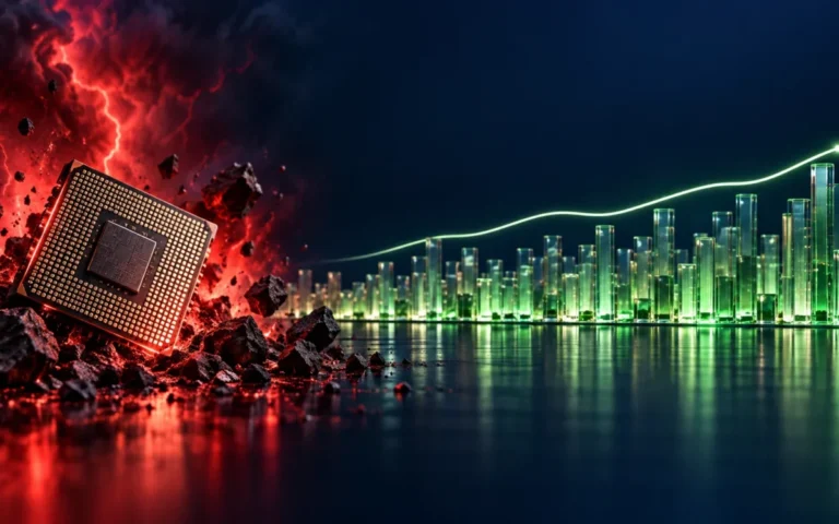 Illustrazione di un microchip illuminato in rosso accanto a torri verdi che rappresentano il mercato azionario più ampio.