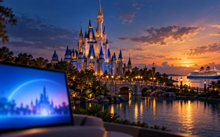 Castello di un parco tematico illuminato accanto a uno schermo e una nave, illustrazione del business Disney