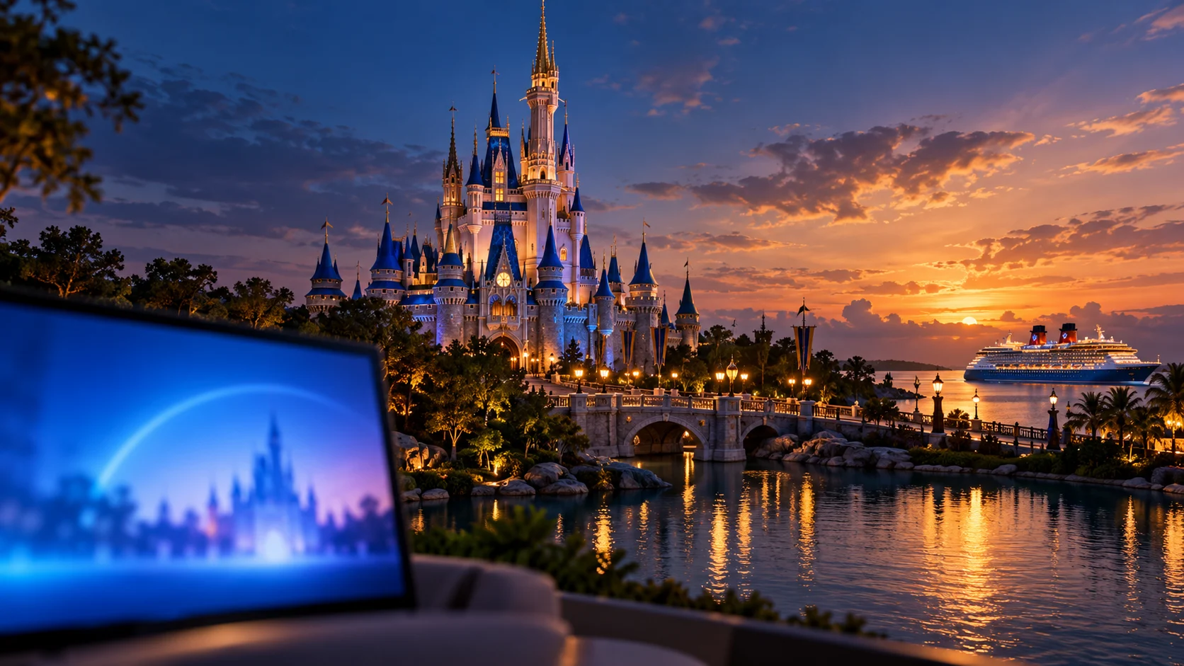 Castello di un parco tematico illuminato accanto a uno schermo e una nave, illustrazione del business Disney