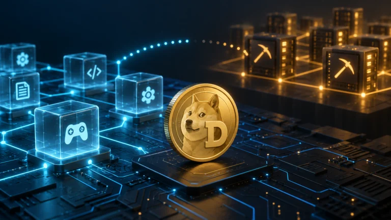Illustrazione generata con IA: moneta Dogecoin tra applicazioni digitali e nodi di mining, collegati da un percorso incompleto.
