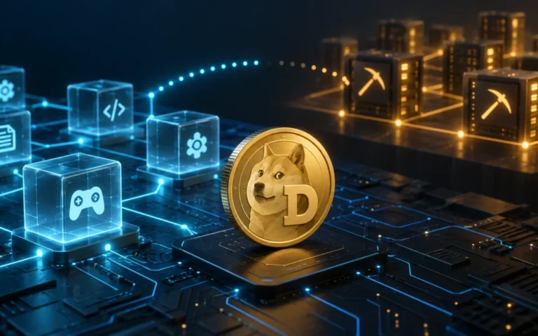 Illustrazione generata con IA: moneta Dogecoin tra applicazioni digitali e nodi di mining, collegati da un percorso incompleto.