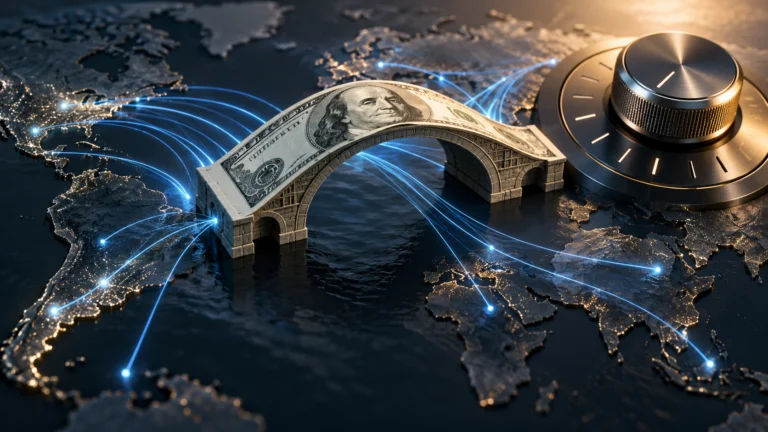 Illustrazione generata con IA: una banconota in dollari forma un ponte attraversato da percorsi luminosi, accanto a un indicatore simbolico dei tassi.