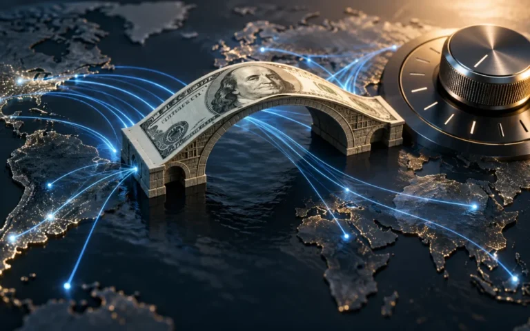 Illustrazione generata con IA: una banconota in dollari forma un ponte attraversato da percorsi luminosi, accanto a un indicatore simbolico dei tassi.