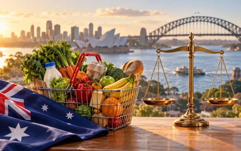 Carrello della spesa, bilancia e bandiera australiana con Sydney sullo sfondo