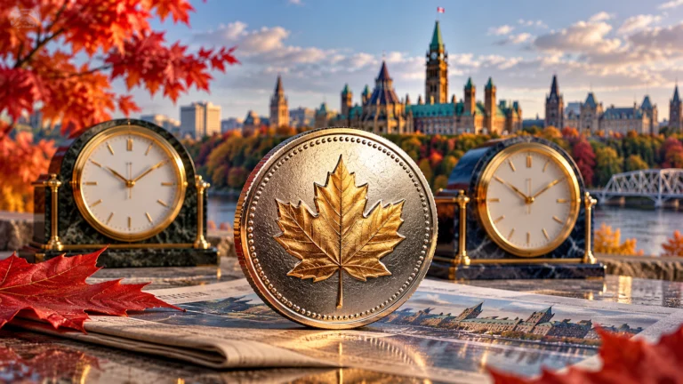 Moneta simbolica con foglia d’acero e due orologi davanti al Parlamento canadese