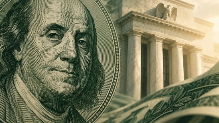 Illustrazione di una banconota in dollari e di un edificio bancario, simboli del rapporto tra valuta e tassi.