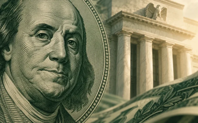 Illustrazione di una banconota in dollari e di un edificio bancario, simboli del rapporto tra valuta e tassi.