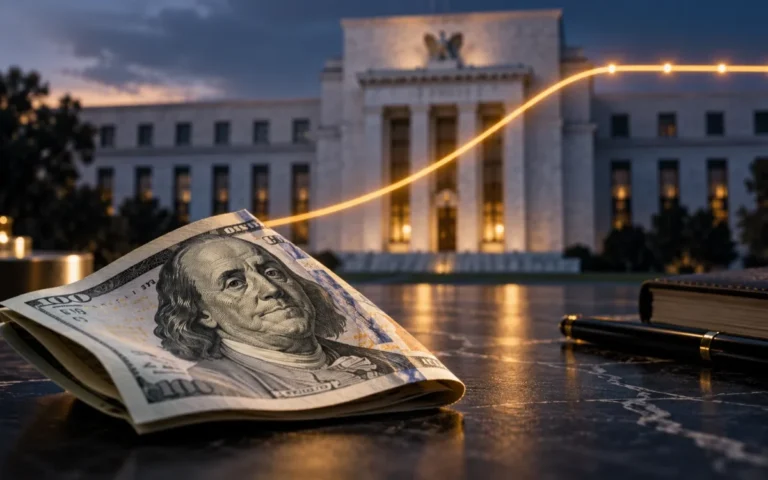 Illustrazione generata con IA: banconota in dollari e curva luminosa che si appiattisce, con la Federal Reserve sullo sfondo.