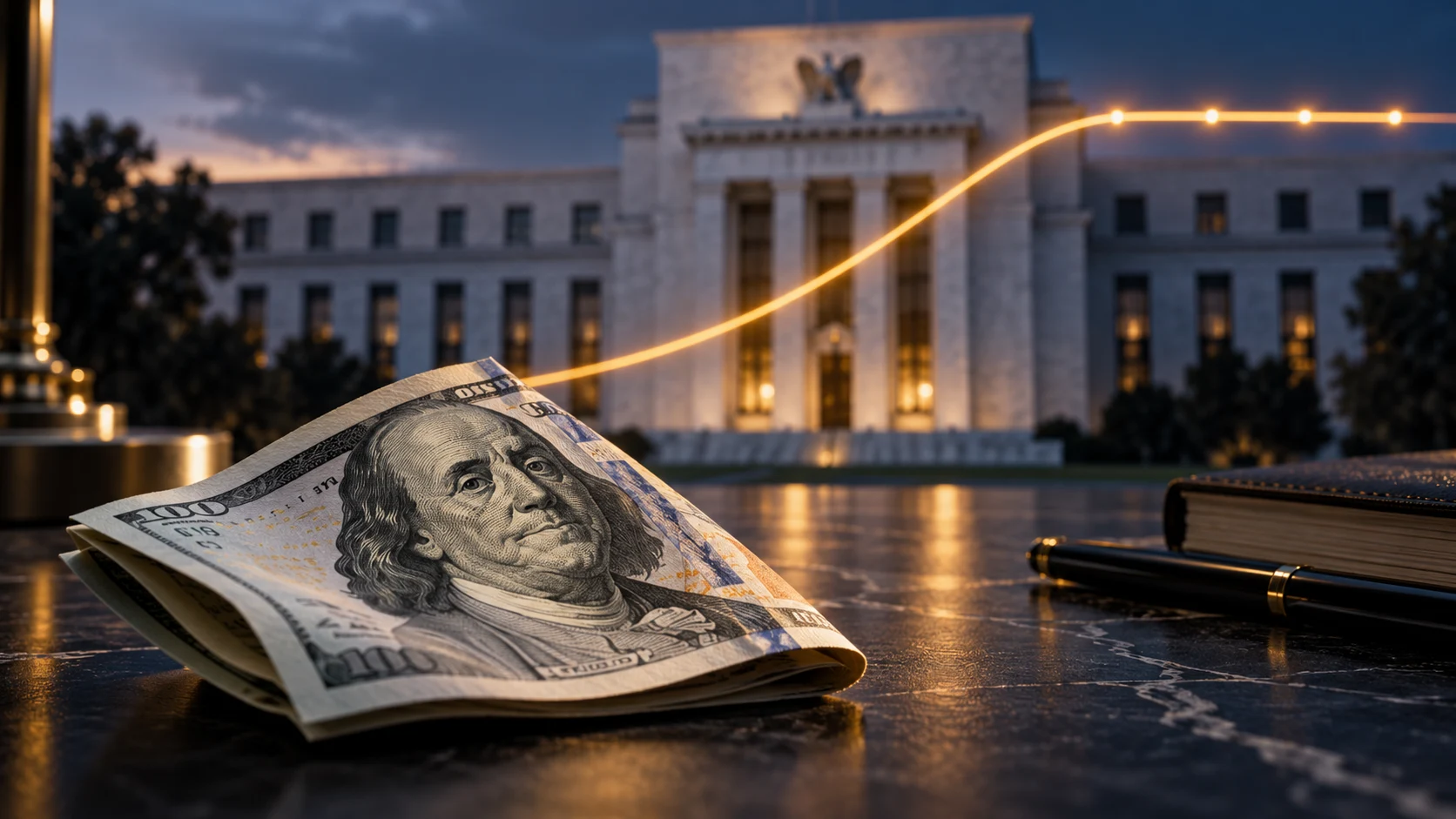 Illustrazione generata con IA: banconota in dollari e curva luminosa che si appiattisce, con la Federal Reserve sullo sfondo.