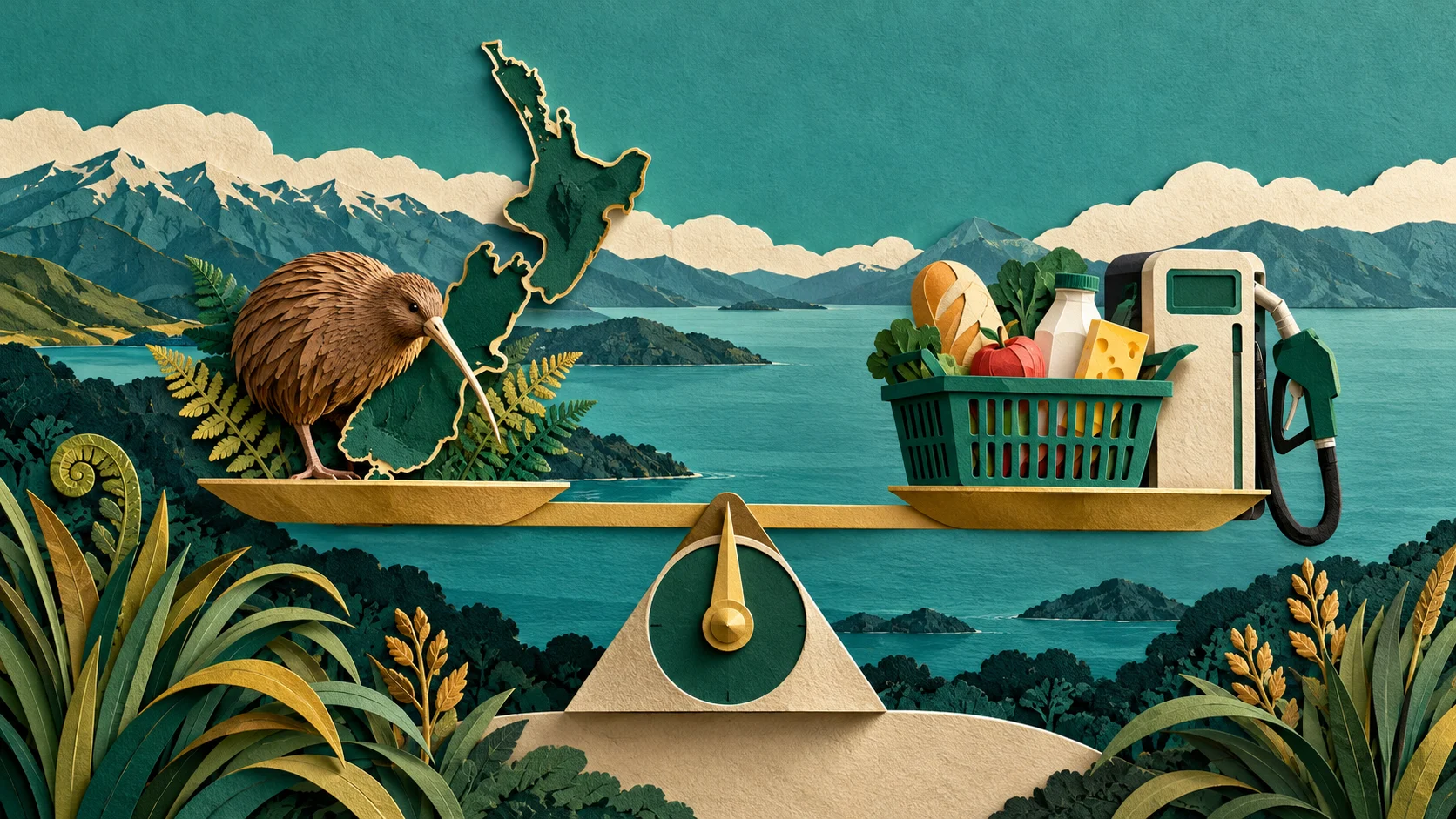 Illustrazione delle isole della Nuova Zelanda con kiwi, paniere della spesa e pompa di carburante