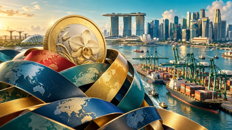 Moneta con orchidea davanti al porto e allo skyline di Singapore, con nastri intrecciati