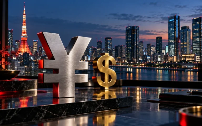 Simboli dello yen e del dollaro su una scrivania con Tokyo illuminata sullo sfondo