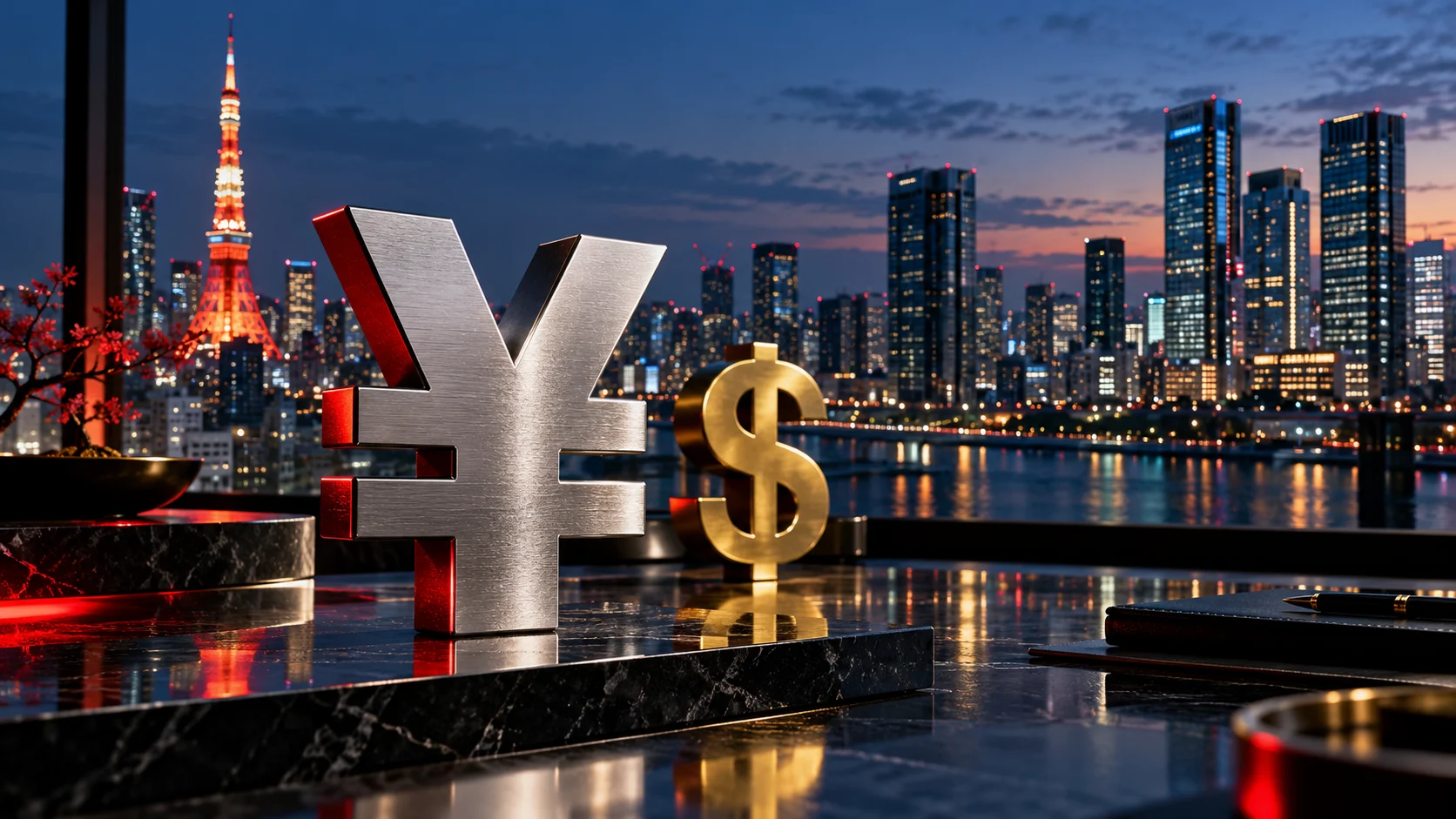 Simboli dello yen e del dollaro su una scrivania con Tokyo illuminata sullo sfondo
