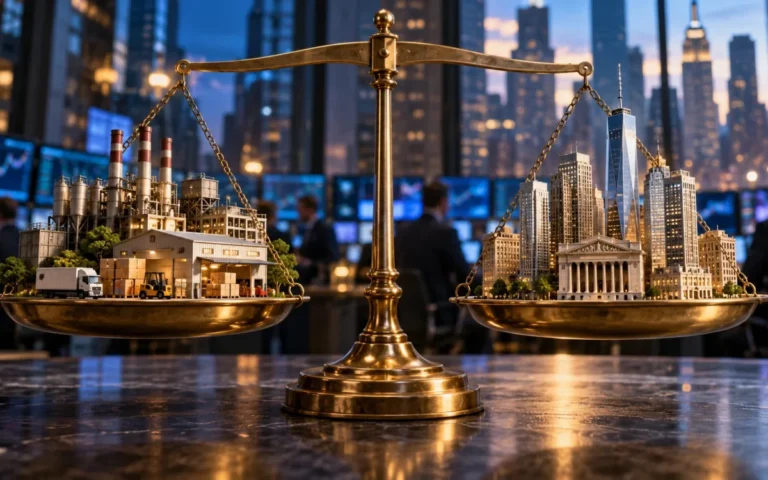 Bilancia in ottone con un impianto industriale e un modello del distretto finanziario di Manhattan.