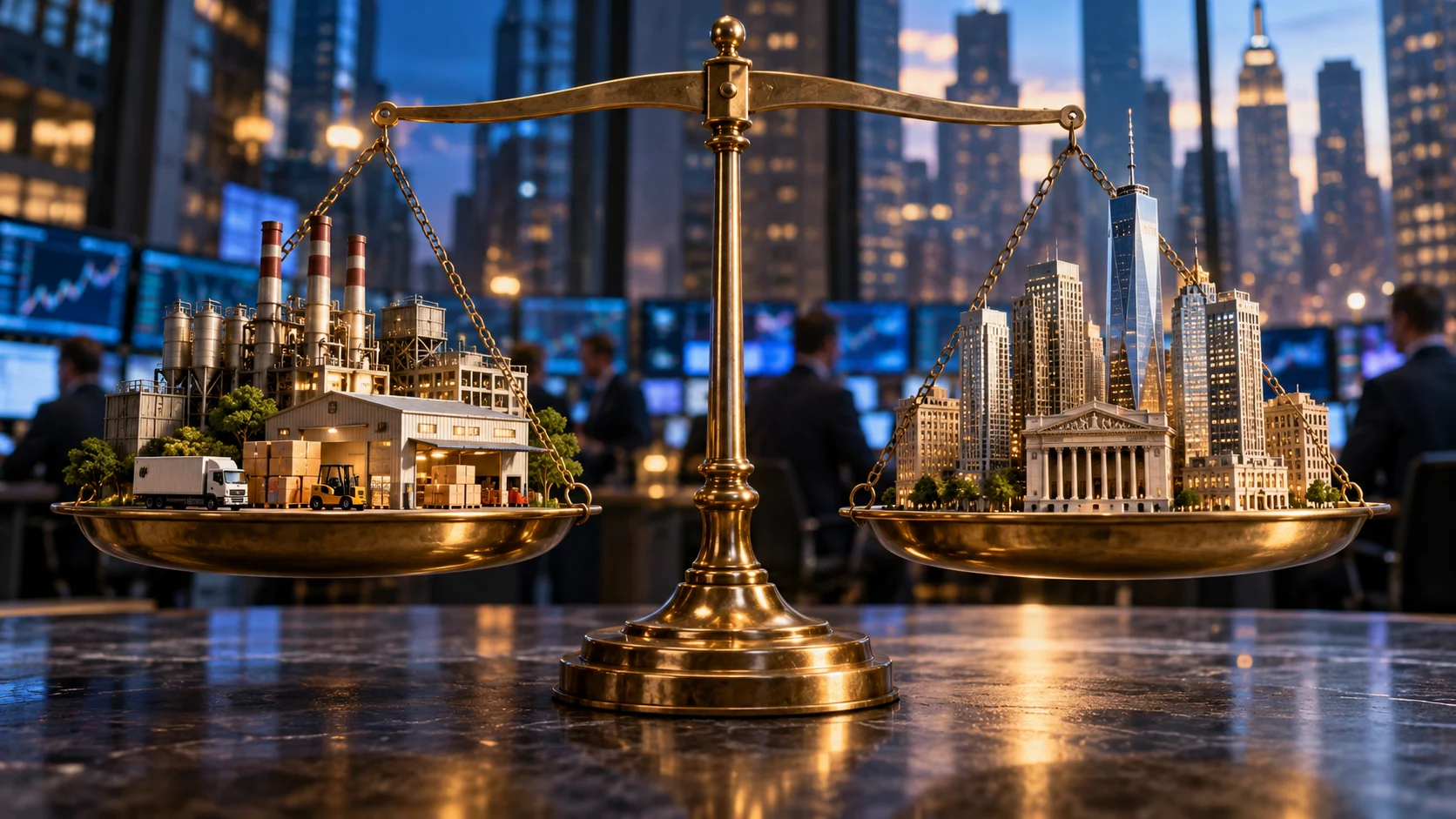 Bilancia in ottone con un impianto industriale e un modello del distretto finanziario di Manhattan.