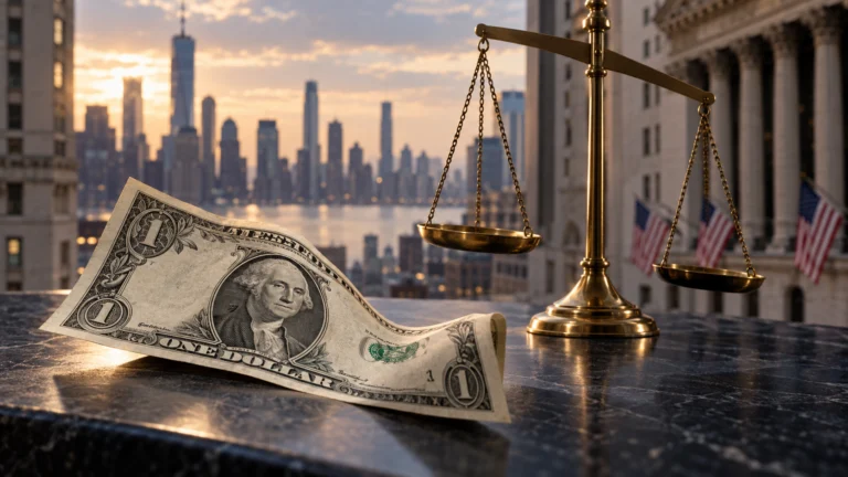 Illustrazione generata con IA: banconota da un dollaro e bilancia su un tavolo, con il distretto finanziario di New York sullo sfondo.