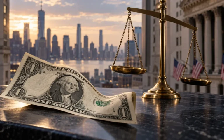 Illustrazione generata con IA: banconota da un dollaro e bilancia su un tavolo, con il distretto finanziario di New York sullo sfondo.