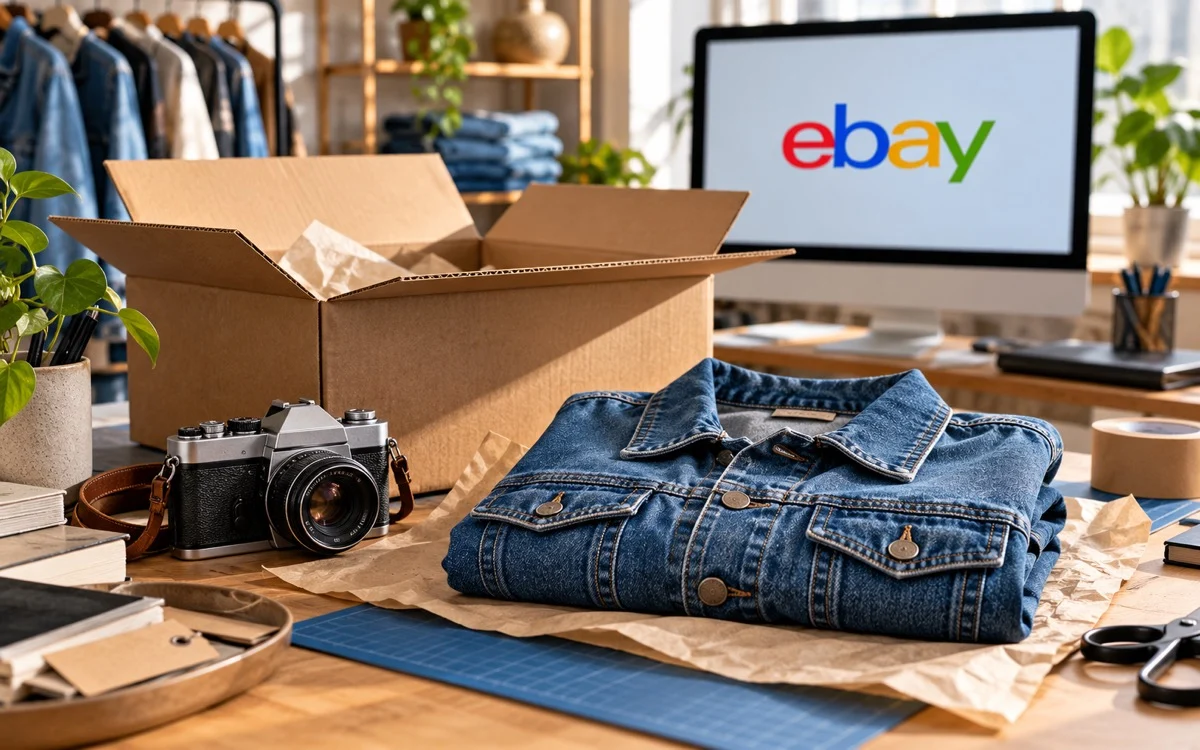 Fotocamera e giacca in denim accanto a una scatola per spedizioni, con il marchio eBay sullo schermo.