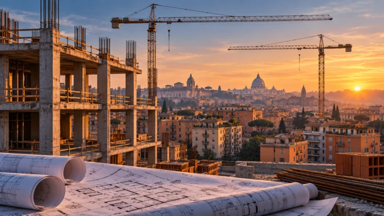 Illustrazione di un cantiere italiano con gru, edificio incompleto e progetti architettonici in primo piano