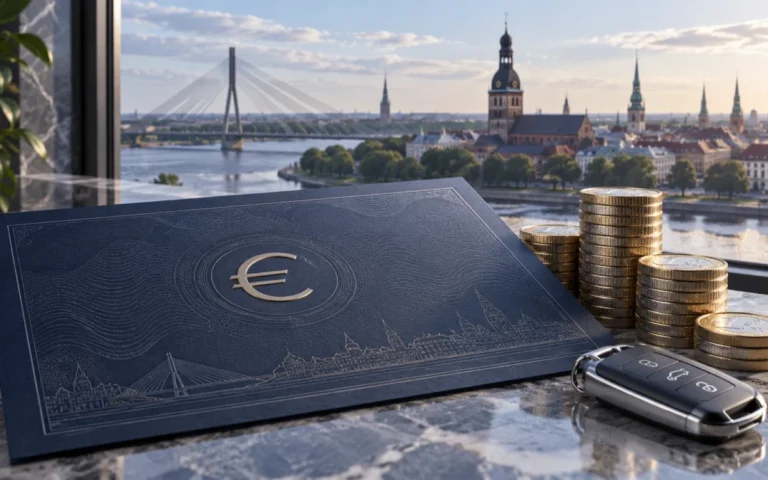 Illustrazione generata con IA: documento obbligazionario, monete in euro e chiave di automobile con lo skyline di Riga sullo sfondo.