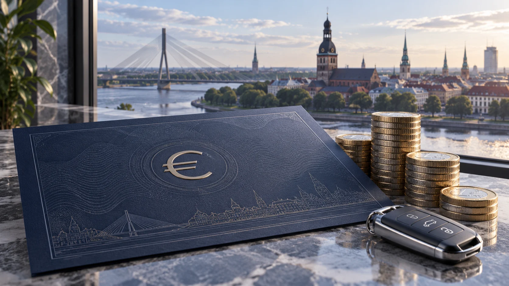 Illustrazione generata con IA: documento obbligazionario, monete in euro e chiave di automobile con lo skyline di Riga sullo sfondo.