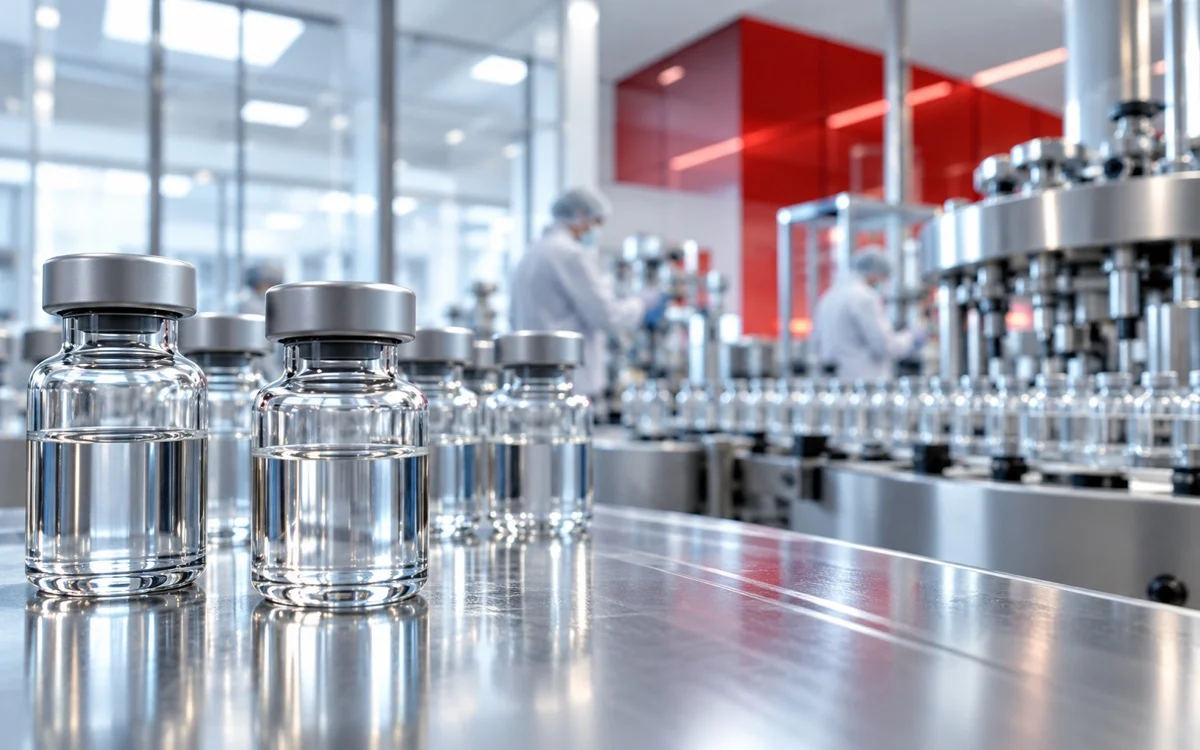 Flaconi farmaceutici su una linea di produzione sterile, rappresentazione delle attività industriali e di ricerca di Eli Lilly.