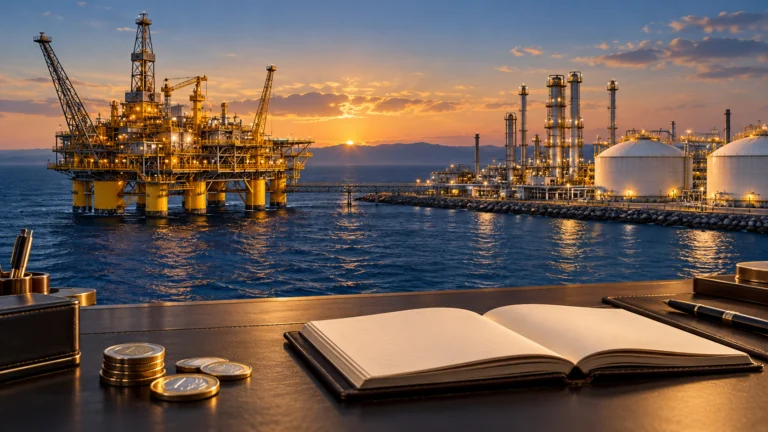 Illustrazione di piattaforma petrolifera, raffineria e serbatoi con registro contabile e monete in primo piano