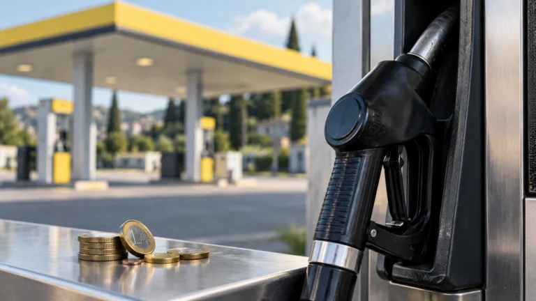 Illustrazione di una pistola per gasolio e monete in euro presso un distributore