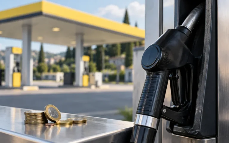 Illustrazione di una pistola per gasolio e monete in euro presso un distributore
