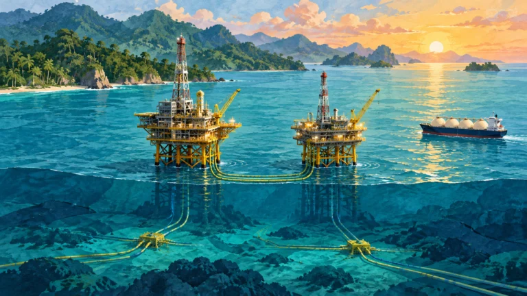 Illustrazione di piattaforme offshore e nave LNG davanti alla costa indonesiana