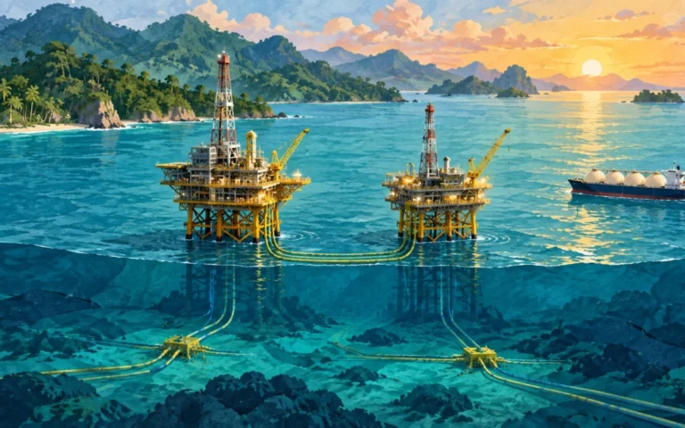 Illustrazione di piattaforme offshore e nave LNG davanti alla costa indonesiana