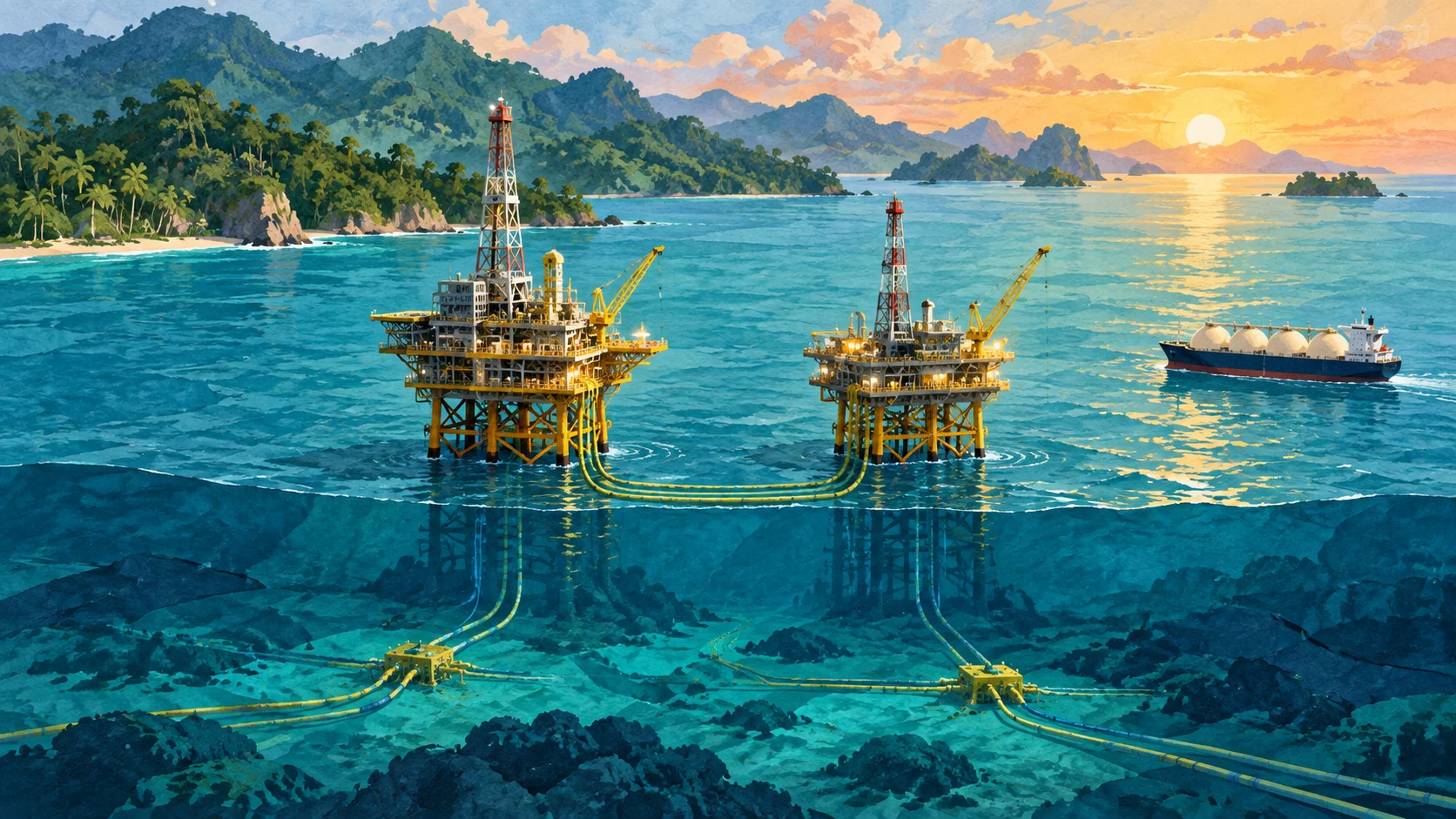 Illustrazione di piattaforme offshore e nave LNG davanti alla costa indonesiana