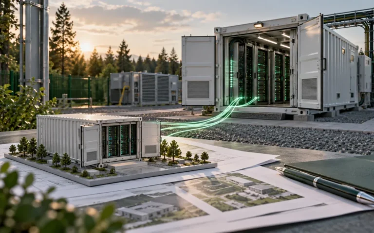 Illustrazione generata con IA: data center modulare con server e modello di un secondo impianto su documenti di finanziamento.