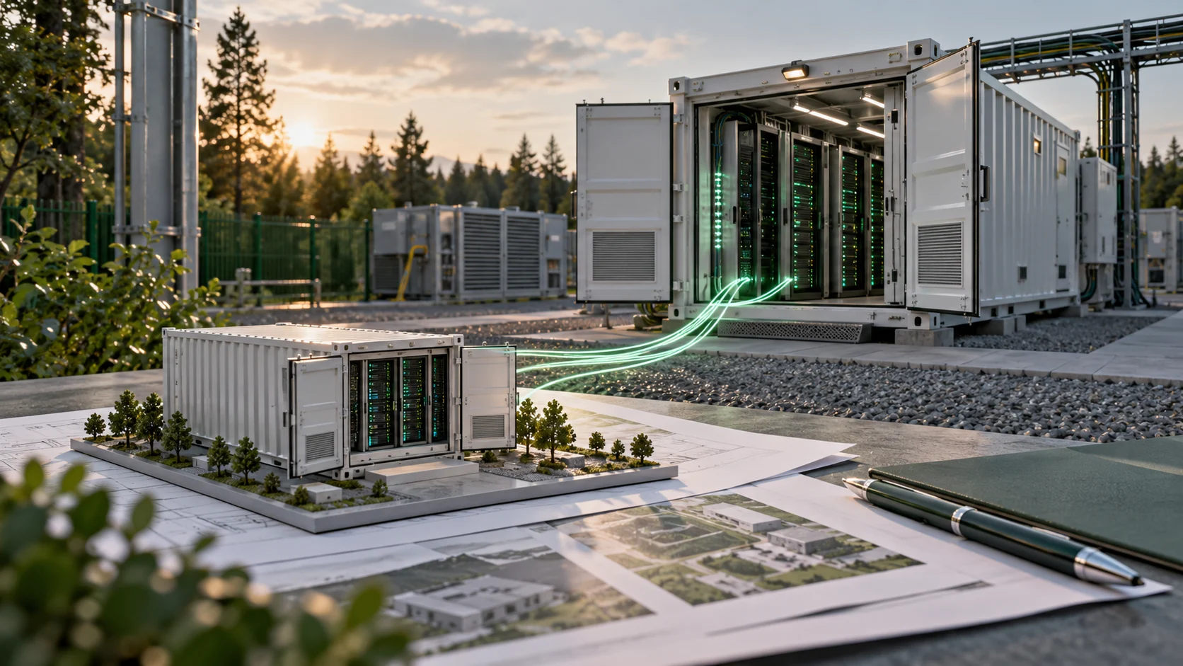 Illustrazione generata con IA: data center modulare con server e modello di un secondo impianto su documenti di finanziamento.