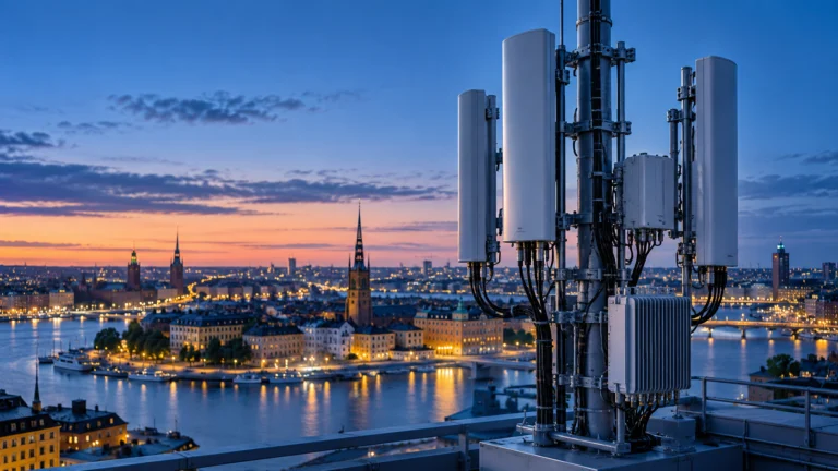Illustrazione di antenne per telecomunicazioni sopra una città scandinava al tramonto