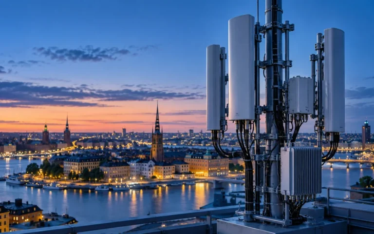 Illustrazione di antenne per telecomunicazioni sopra una città scandinava al tramonto