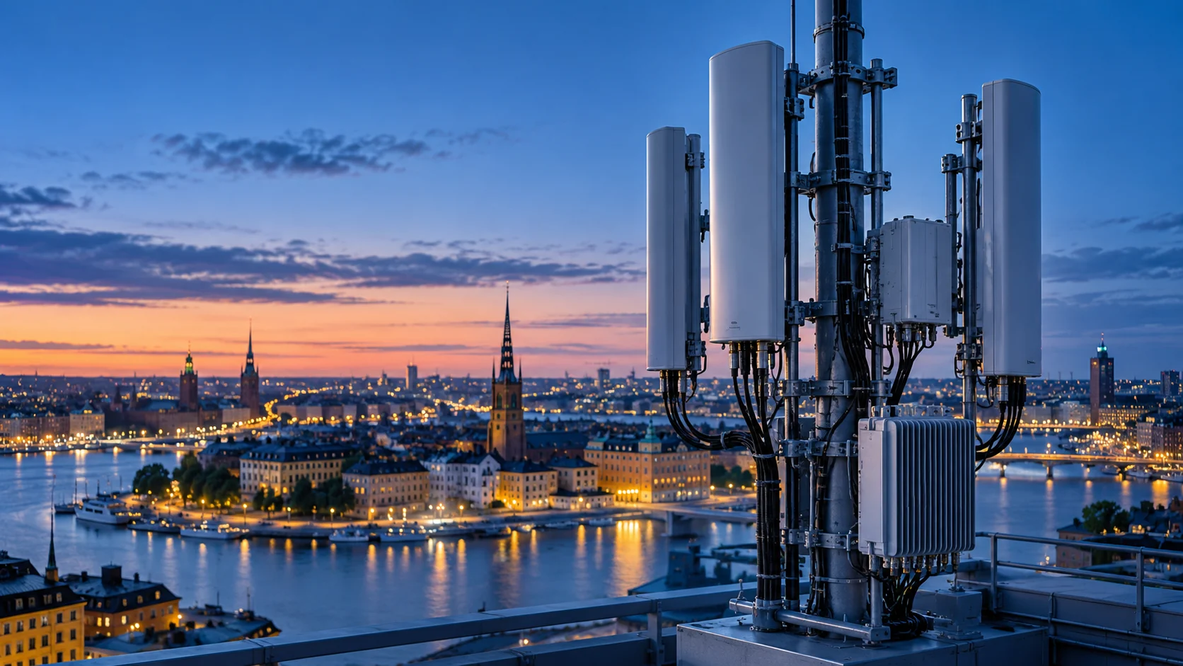 Illustrazione di antenne per telecomunicazioni sopra una città scandinava al tramonto