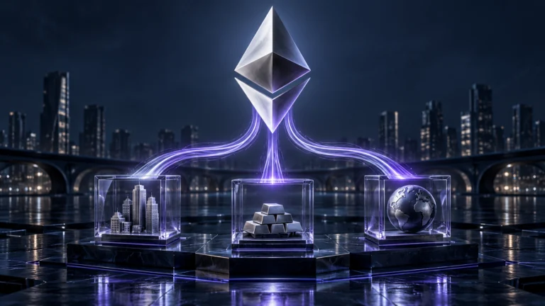Simbolo di Ethereum collegato da flussi luminosi a tre contenitori finanziari, illustrazione dei movimenti di capitale negli ETF