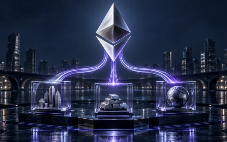 Simbolo di Ethereum collegato da flussi luminosi a tre contenitori finanziari, illustrazione dei movimenti di capitale negli ETF